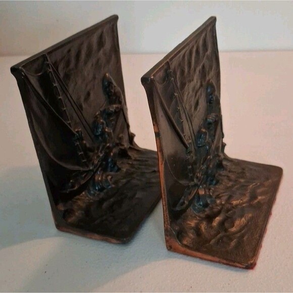 VIKING VINTAGE METAL Nordic Bookends Ship on Water With  Vintage Solid Metal Bookends Nordic Viking and Viking Ship Nautical